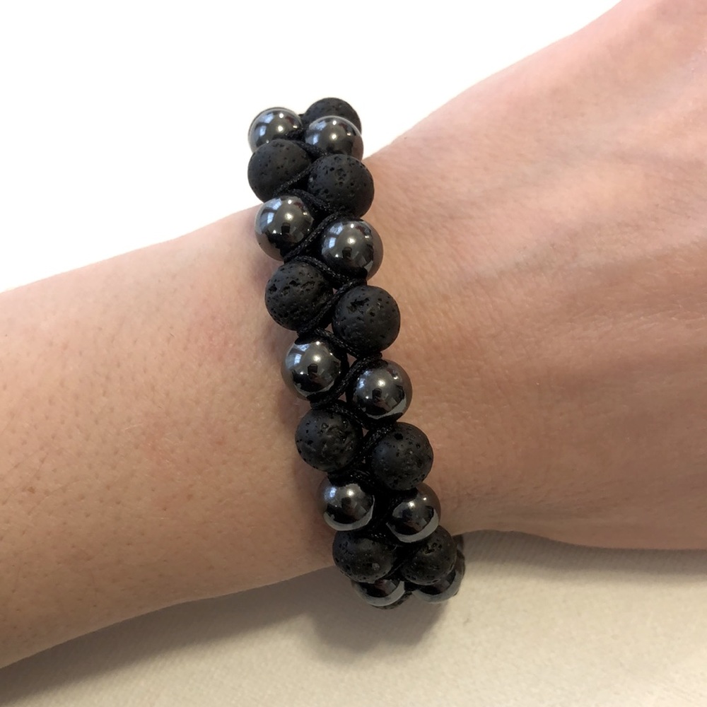 Hemotite and lava bead Black beaded adjustable bracelet unisex